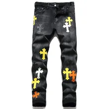 Original Design New European  American Embroidered Cross Medal Small Straight Tube Men's Micro Bounce Jeans Fashion Pants