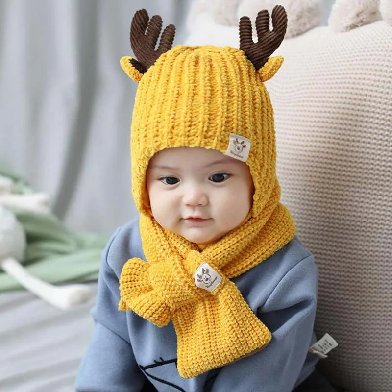 

Doitbest 8 months to 3 Years kids Beanie little deer kid boys Knit hats winter 2 pcs fur baby girls winter hat and scarf