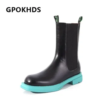 

GPOKHDS 2021 women Ankle boots Cow leather Winter short plush Round Toe Med heels female Riding boots size 39