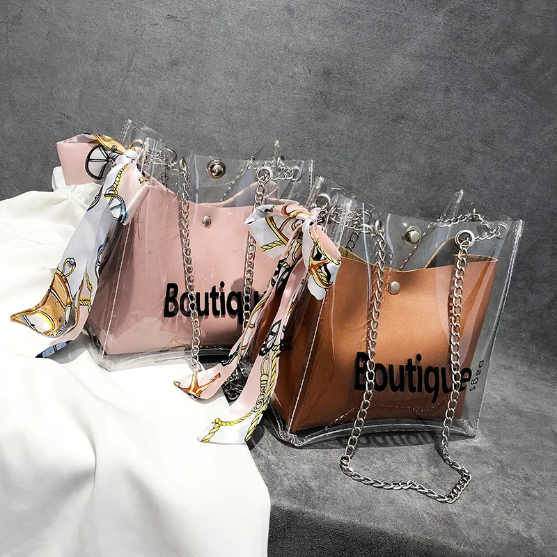 

2019 New Style Korean-style Fashion Versatile Crossbody Bag Summer Transparent Lettered Silk Scarves Women's Bucket Bag