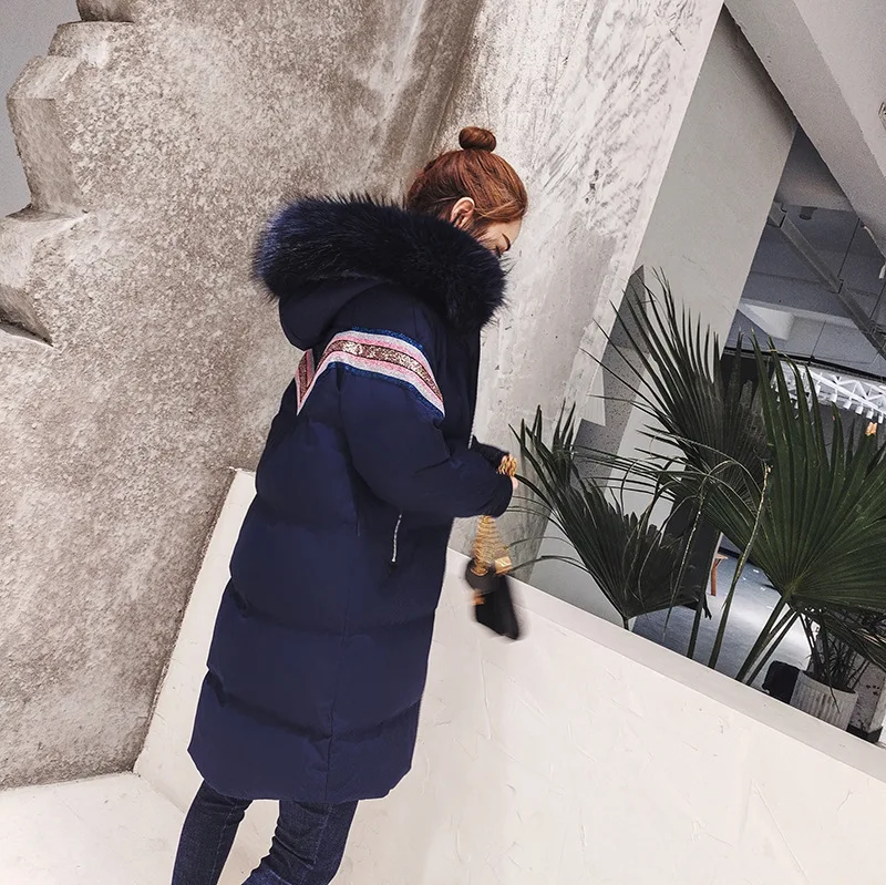 

2018 Winter New Style High-End WOMEN'S Dress Colored Sequins Large Fur Collar down Jacket Women's Mid-length Thick Coat