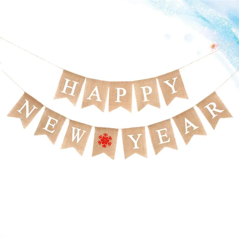 Набор баннеров из мешковины с надписью «HAPPY NEW YEAR» со снежинками и флагом ласточкин хвост, льняная гирлянда, фоновое украшение для вечеринки
