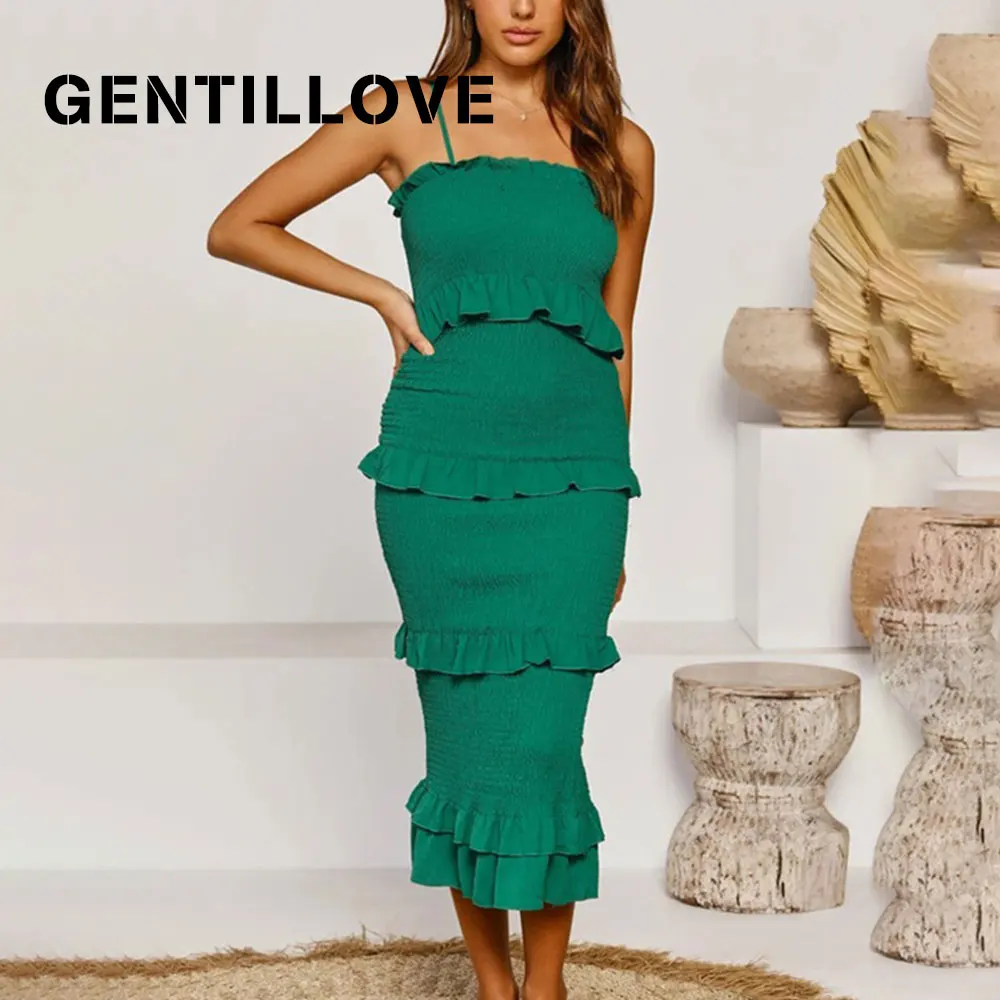 Gentillove Sexy Women Layer Ruffle Midi Dress Elegant White Red Bodycon Vintage High Elastic Ruched Chiffon Party | Женская одежда