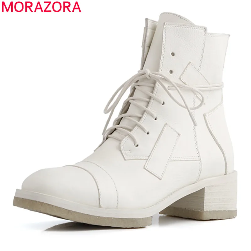 

MORAZORA 2020 hot sale high quality genuine leather shoes woman boots thick high heels fashion lace up solid ankle boots