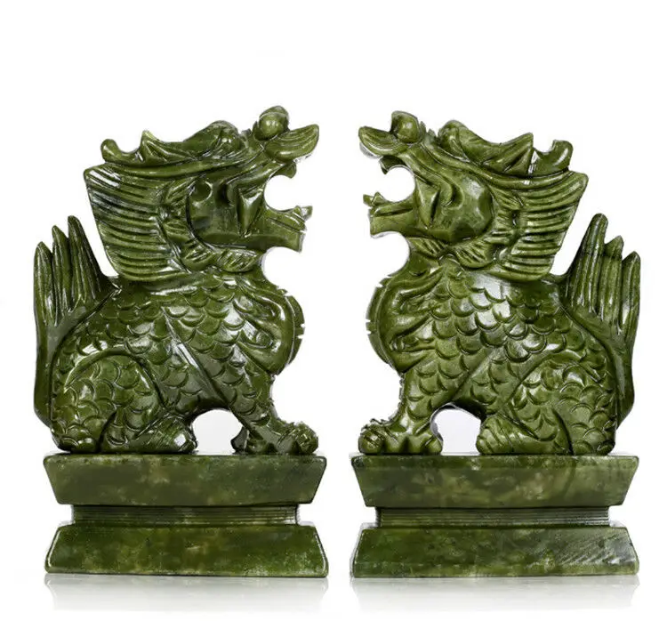A Pair 100% Natural China Green Jade Carved Fengshui Kylin Qilin Chi-lin Beast 