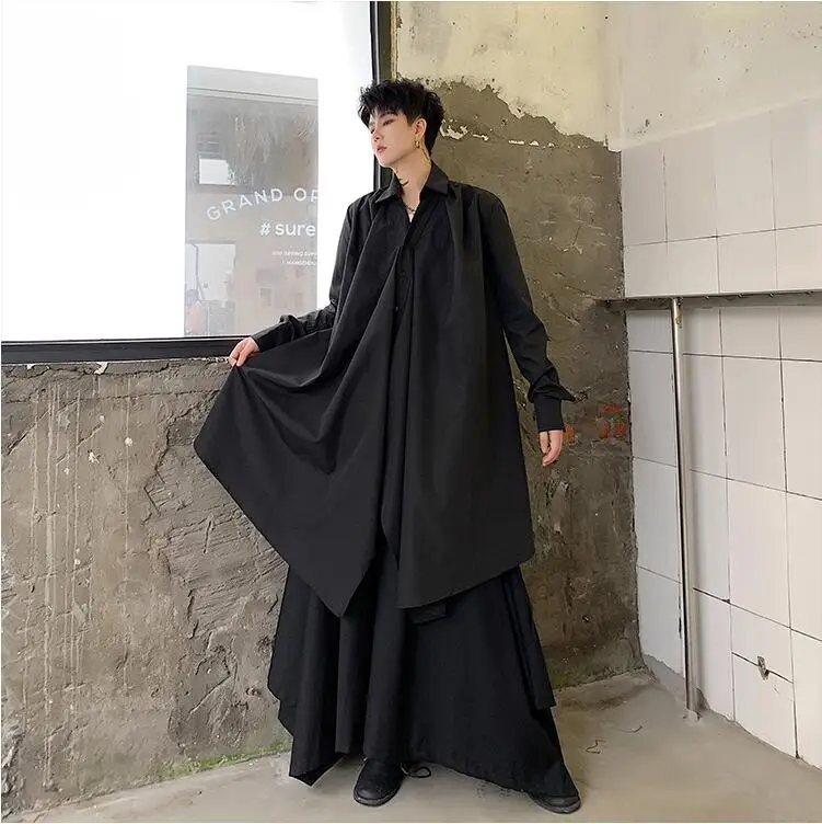 SHENGYUJIN Yamamoto style dark super long tether waist white shirt irregular loose elegant small shirt coat fashion men's shirt