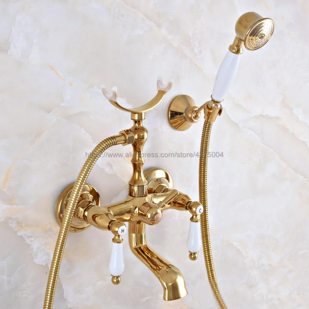 Gold Color Brass Dual Handles Bathtub Faucet Set Wall Mount with Handshower Bath Shower Mixer Taps Nna903 | Обустройство дома