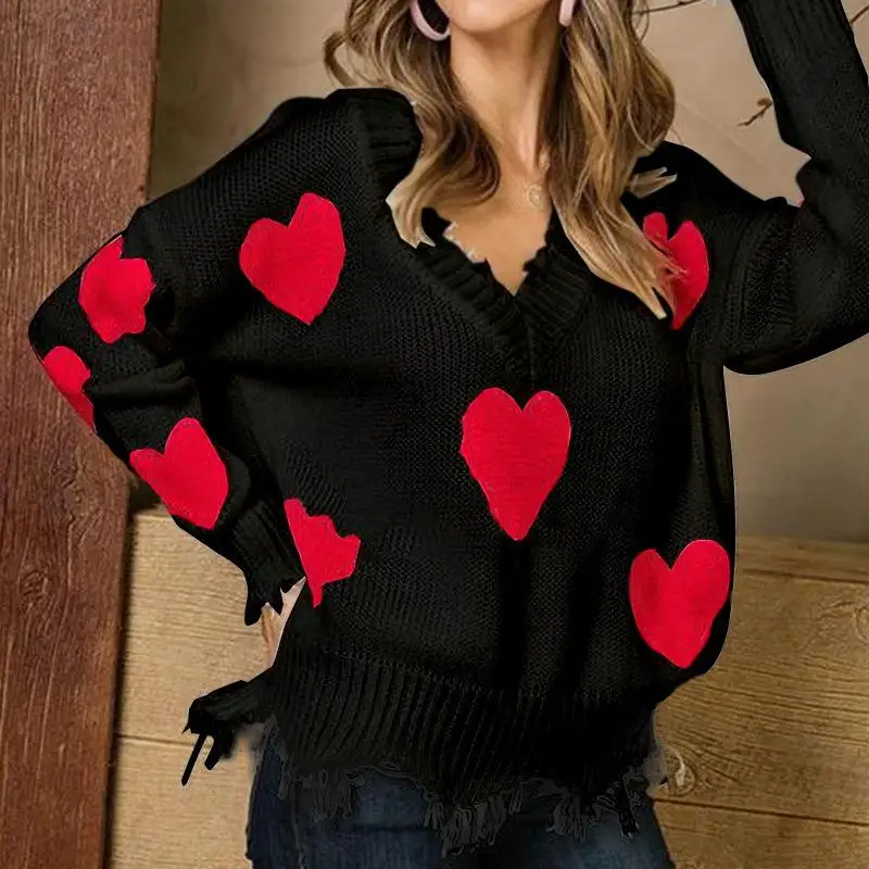 Love Heart Pattern Sweater Women 2020 Autumn Sexy V-Neck Christmas Sweaters Fashion Female Loose Knitted Pullover Tops S-3XL