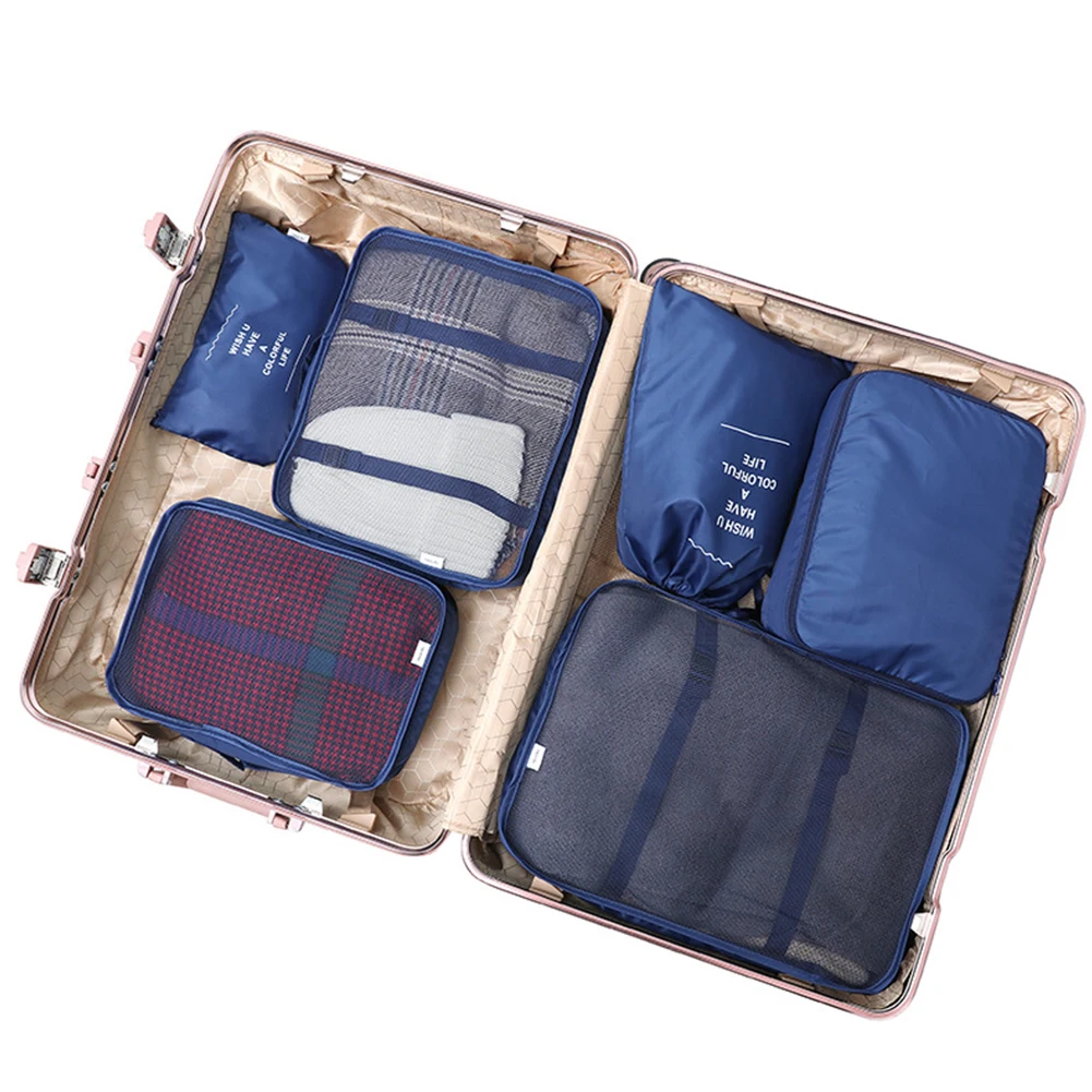 

6 Pcs Storage Bag Set Mesh Pockets Drawstring Space Saving Large Capacity Zipper Suitcase Travel Case Underwear Shoes Waterproof