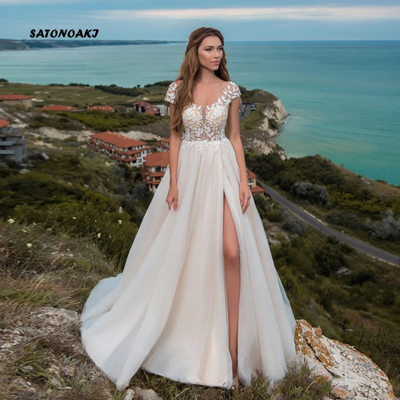 

SATONOAKI Beach Wedding Dress 2019 Cap Sleeve High Split Backless Boho Bride Dress Free Shipping Custom Made Wedding Gowns