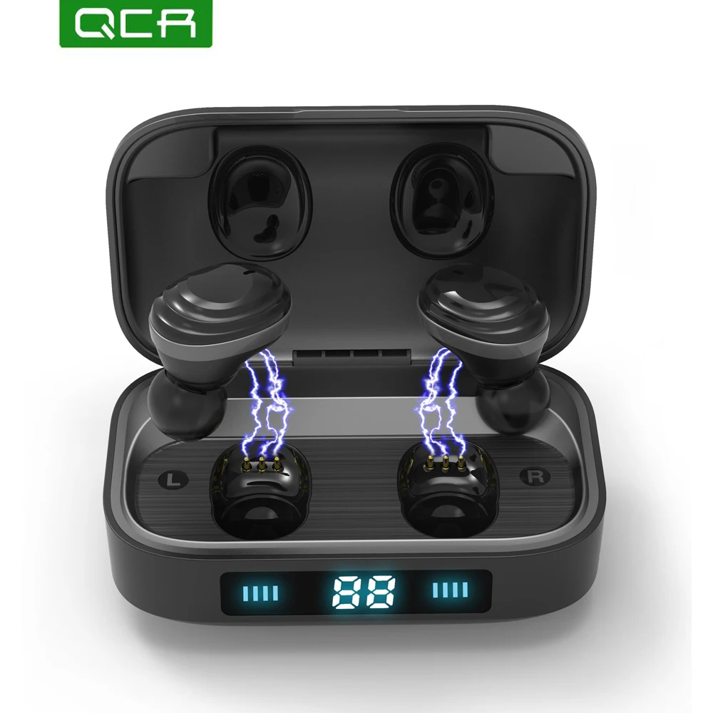 

QCR H01TWS Bluetooth Earphones Bluetooth 5.0 Earcups 9D Stereo Music Headset Headphones Touch LED Display 2000mAh Power Bank