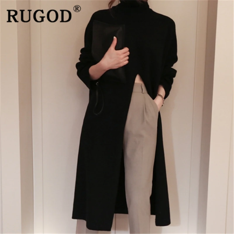 RUGOD осенний теплый свитер платье для женщин водолазка Высокая талия Сплит вязаное платье модное женское элегантное modis леди