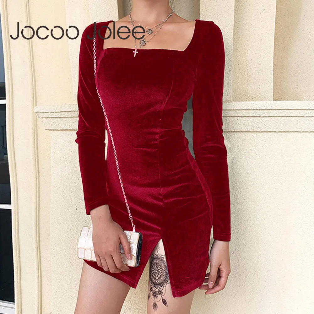 

Jocoo Jolee Dress Women Velvet Bodycon Dress Elegant Spring Long Sleeve Solid Split Mini Dress Female Party Dress Gothic Clothes