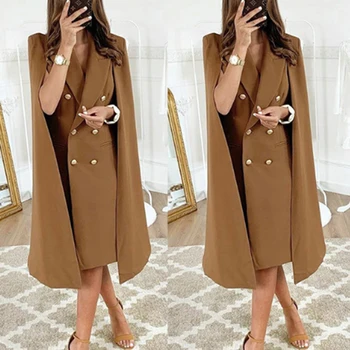 

SUNGIFT New Women's Elegant Lapel Sleeveless Mini Dress Double-Breasted Cape Blazer Winter Coat Fashion Elegent Clothing