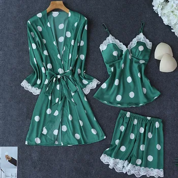 

3pcs Pj Set Home Clothesdelta Sigma Theta Sorority Womens Pajama Sexy Sleepwear Dot Kimono Robe Nightwear Satin Nighty Plus Size