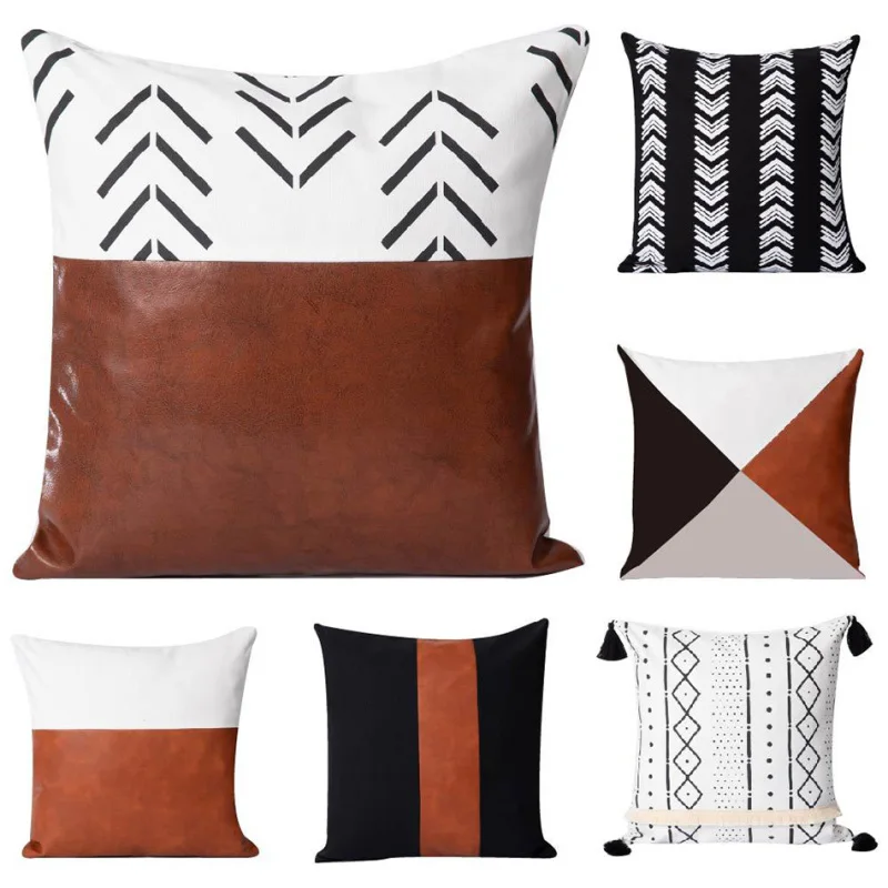 

Nanacoba PU leather cotton printed canvas stitching pillowcase square pillow and bag cushion cover set for sofa home decorations