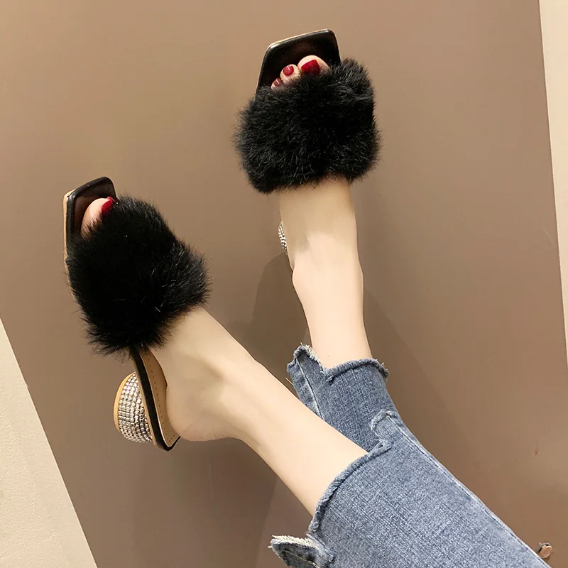

Square heel Butterfly-knot Slippers Fur Med Shoes Women Flock Slides Fashion Jelly Flip Flops Block Plush Soft Luxury