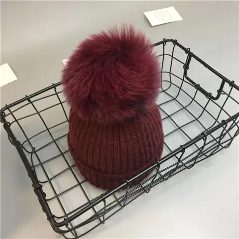 Wine Cap Горячая младенческой Девочки помпон теплые зимние наборы шарф шапка натуральный шарик из меха лисы для детей от 0 до 8 лет Вязанные Трикотажные шапочки аксессуары - Цвет: Wine Cap