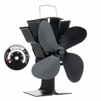 

4 Blades Black Stove Fan with Temperature Monitor Fireplace Fan Wood Burner Stove Thermal Heat Power Stove Fan