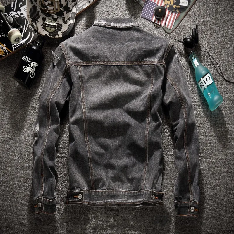 Винтажная серая рваная Мужская джинсовая куртка с дырками Подростковая модная облегающая куртка-бомбер для мужчин, большие размеры 6XL