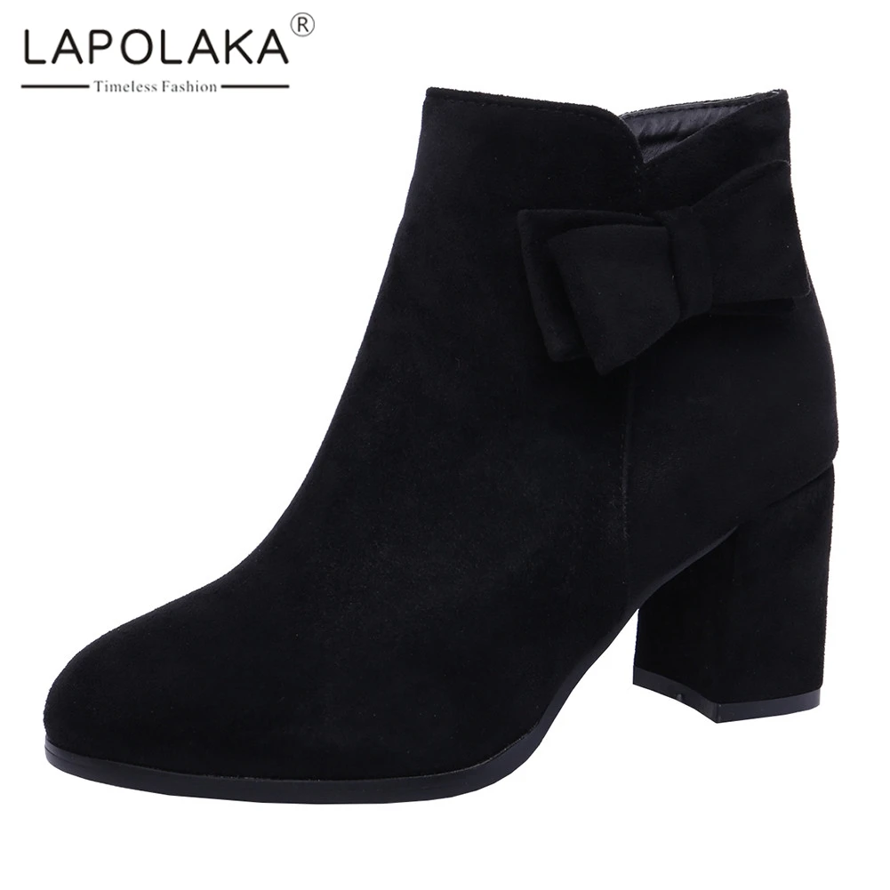 

Lapolaka 2019 New Fashion Chunky Heels Concise Shoes Woman Boots Female Zip Up Sweet Bowtie Winter Ankle Boots Women Shoes