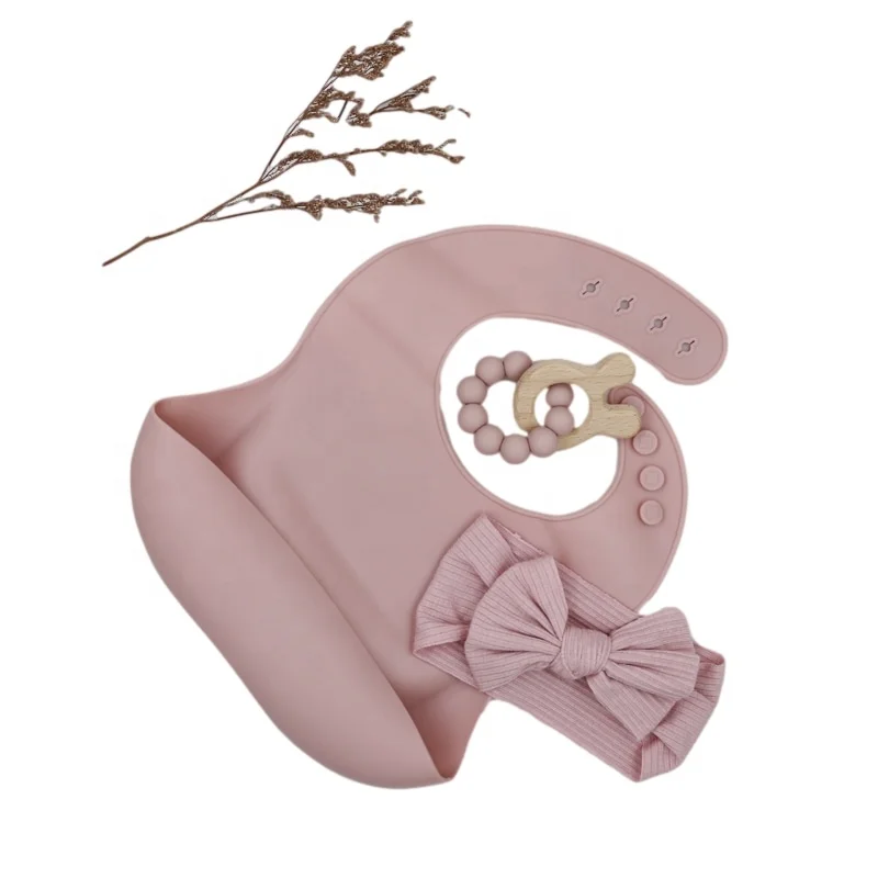

Baby Silicone Rattle Headband Gift Wooden Teether Care Bibs Feeding Set Newborn Feeding set