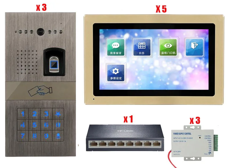 5Gmonitor 3cameras DIY " проводной видео и аудио умный дверной звонок отпечатков пальцев и пароль камера Сенсорный экран монитор для 3 дверей 5 комнат - Цвет: 5Gmonitor 3cameras
