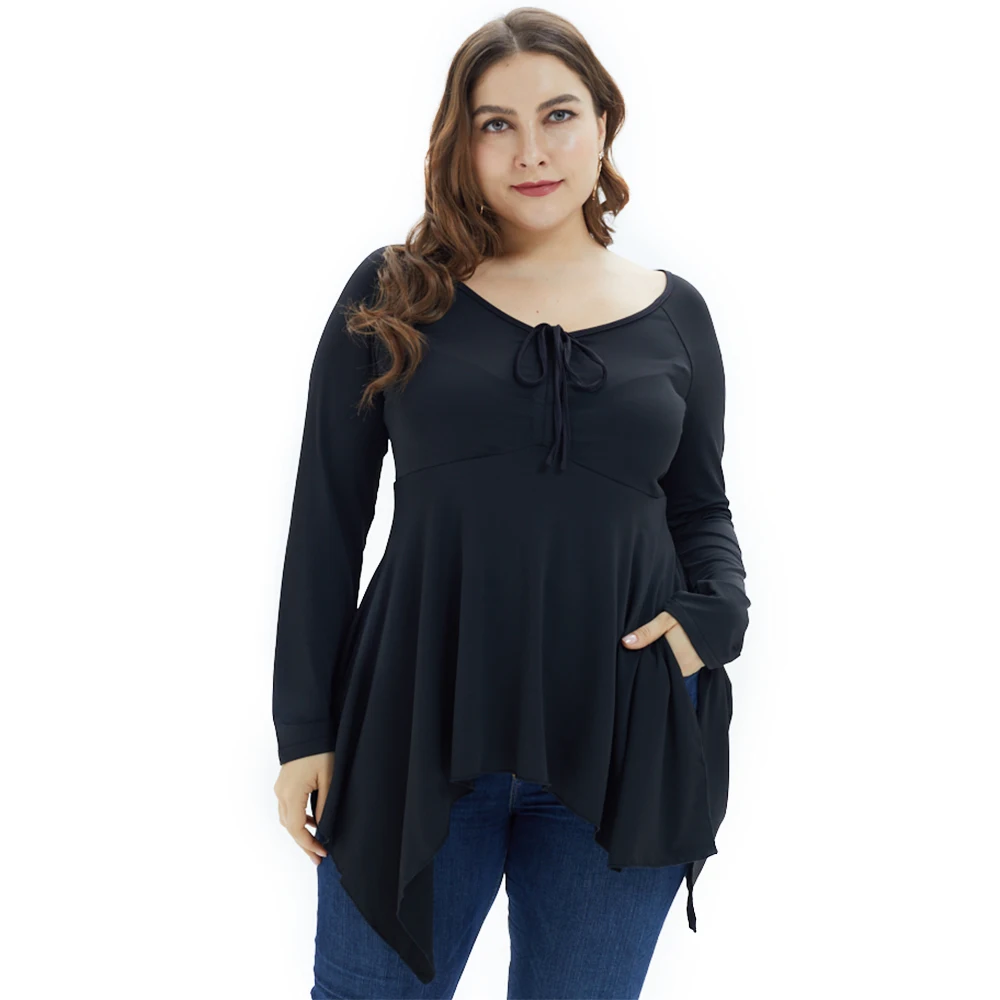 

Plus Size Women Long Sleeve Irregular T Shirt Solid Black Large Size Ladies Tops O Neck Draped Long Tee Shirt For Women 5XL D30