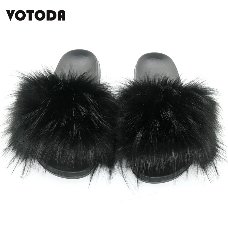 

VOTODA Women Fur Slippers Winter Warm Home Slipper Faux Fur Slipper Furry Flip Flops Plush Shoes Fluffy Woman Raccoon Fur Slides