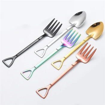 

Creative Stainless Steel Shovel Shaped Spoon Fork Colorful Rose Gold Tableware Long Handle Coffee Spoon Teaspoon Stirring Spoon