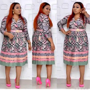 

African Dresses For Women Silk Pleated Dress Plus Size V-neck Snake Print High Waist Dress Robe Partyclub High Quality