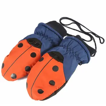 

Toddler Kids Cute Ladybird Dot Print Winter Gloves with String Thicken Plush Lined Contrast Color Snow Ski Outdoor Warm Mittens