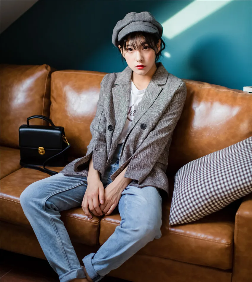 

Photo Shoot 2017 Spring And Autumn Korean-style Retro England Plaid Double Breasted Slim Fit Slimming Small Suit Jacket Women's