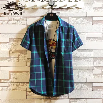 

Brin Wolf 2020 Summer New Cotton Men Shirt Loose Men's Fashion Casual Short-sleeved Shirt Plus size 3XL 4XL Men Plaid Shirts