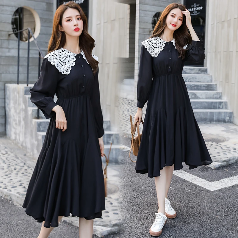 

Hepburn Style Vintage Dress Spring and Autumn Clothes Women Doll Collar Long Sleeve Elegant Black Long Dresses S-XXXL