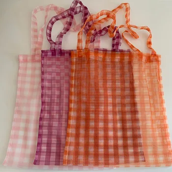 

Japan Fashion Mesh Shopping Tote Bags Transparent Plaid Jelly Reusable Ladies Grocery Bag Foldable Handbags Sling Bag Reusable