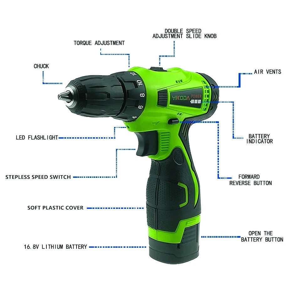 16,8 в Бытовая двухскоростная Беспроводная сверлильная электрическая отвертка аккумуляторные электроинструменты один аккумулятор пластиковый корпус аксессуары