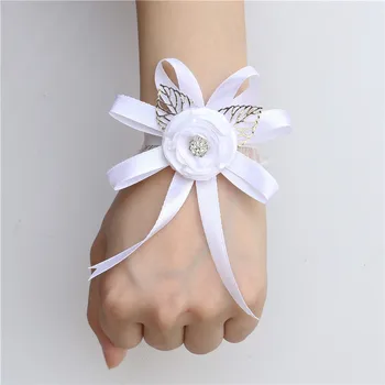 

6picec/lot White Pearl Bride Bridesmaid Wrist Corsage Bracelet Flower Hand Wedding Party Prom Silk Ribbon Handmade Flower SWSL