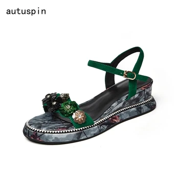 

Summer Women Genuine Leather Casual Sandals Girl Sweet Flowers Wedged Platform Shoes Ladies Bling Beach Dancing Flat Shoes Mujer