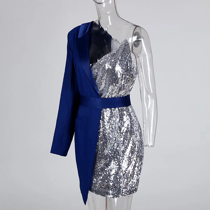 Asymetrical One Shoulder Sequined Dress Women Long Sleeve Mini Party Dresses Ladies Colorblock Patchwork Formal Dress