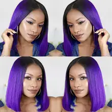 Перуанские короткие парики для черных женщин 13*6 прямой парик фронта шнурка предварительно сорванный 1B фиолетовый Омбре парик шнурка Человеческие волосы Remy