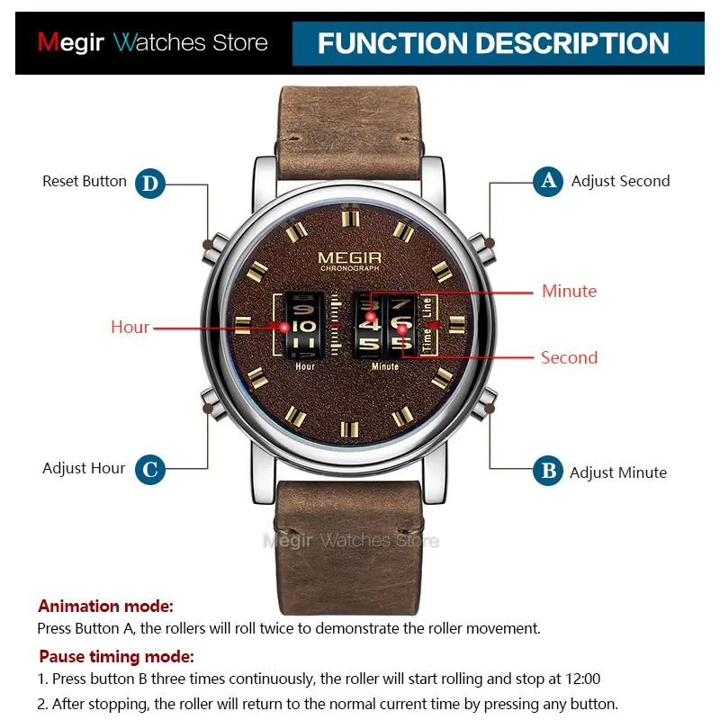  MEGIR 2019 New Top Band Watches Men Military Sport Brown Leather Quartz Wrist Watch Luxury Drum Rol