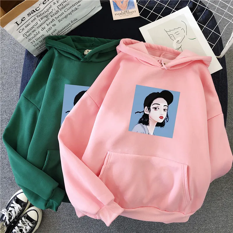 Зимняя теплая негабаритная толстовка с капюшоном Женская мода Harajuku Женский пуловер Kawaii Белая Толстовка Топы женские плюс бархат