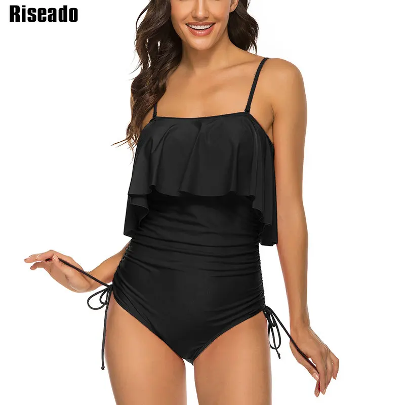 

Riseado Ruffle One Piece Swimsuits Female Lace Up Swimwear Solid Deep V Swim Bathing Suits Women Green Beach Wear XXL