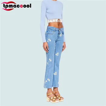

Tpmaccool Luxury designer Celebrity Inspired Daisy Embroidery Spring Autumn High Waist Jeans Women high end Slim Straight Pants