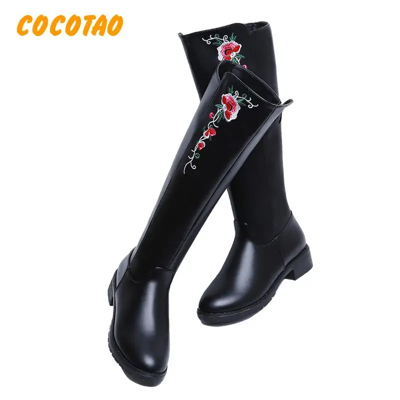 Autumn And Winter New Embroidered Soft Bottom Boots Female High Tube Zipper Boots But Knee Round Head Riding Boots Female