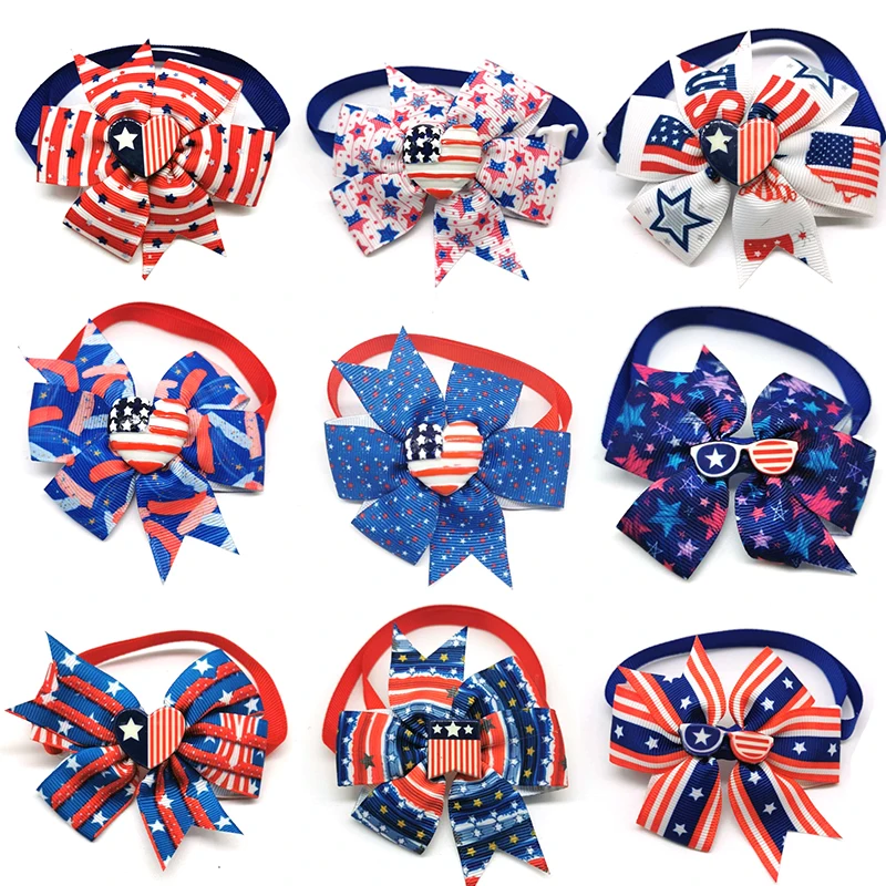 30/50 pcs 4th of July Independence Day Dog Bow Ties Cat Accessories Pet Supplies Dog Grooming Supplies for Samll Middle Dog Bows