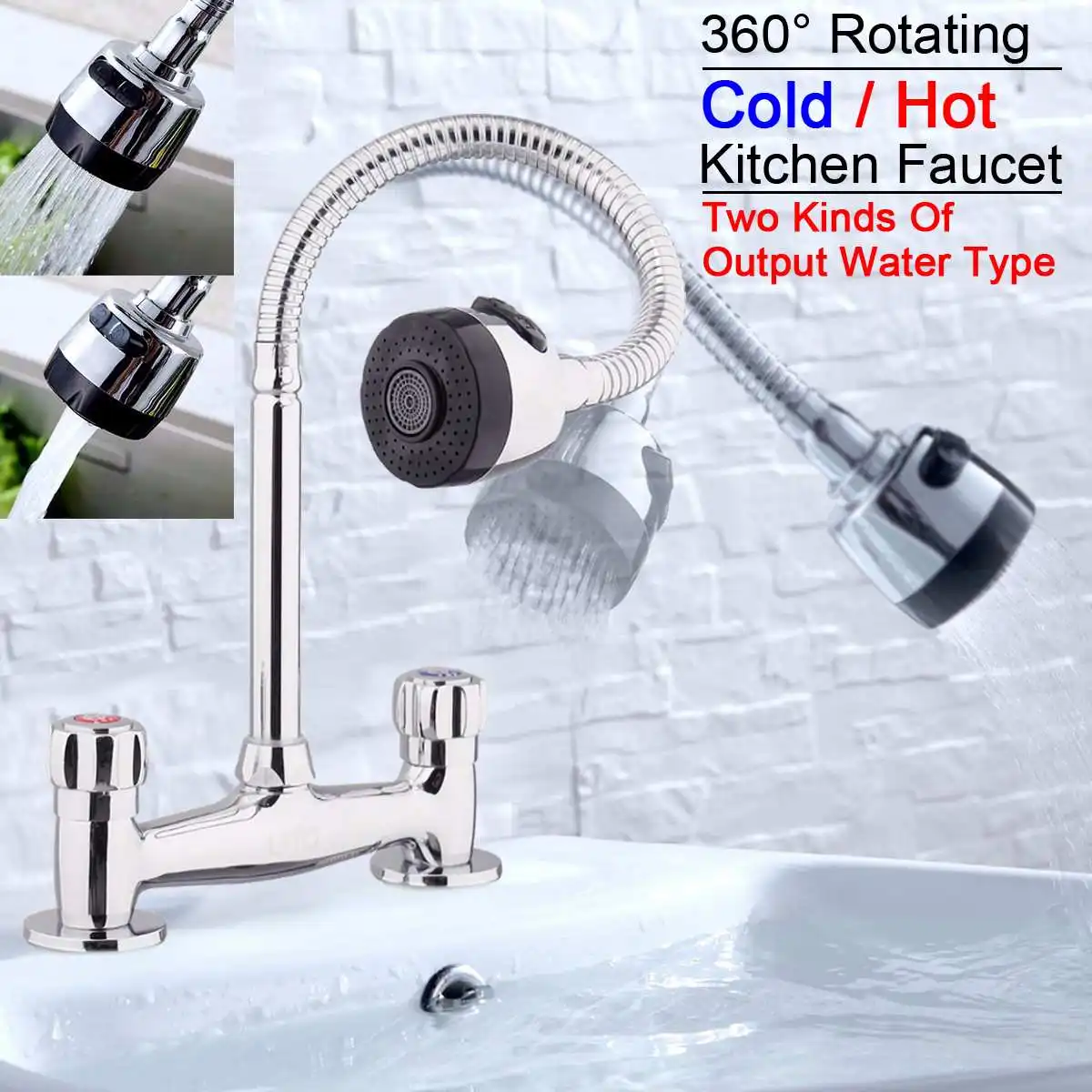 

Bathroom 360Rotation Dual Handle Basin Faucet Deck Mounted Flexible Mixer Hot And Cold Brass Kitchen Sink Water Tap