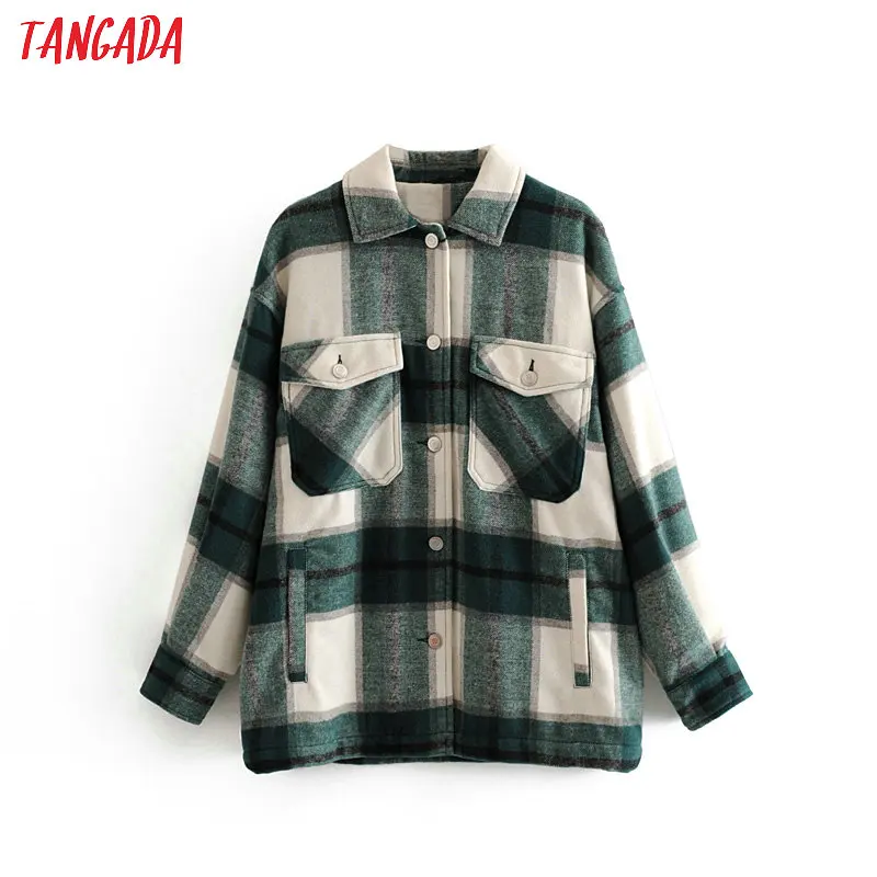Meilleur Tangada 2019 hiver femmes vert plaid Long manteau veste décontracté de haute qualité chaud pardessus de mode longs manteaux 3H04