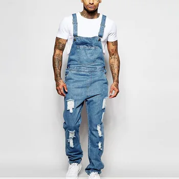 

Man Real Camisole Cowboy Cloth Even Pants Tearing Jeans Jumpsuits Street Distressed Denim Trousers Suspender Pants